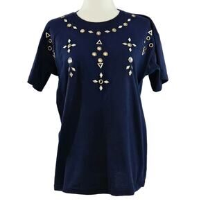 Basic Editions Embellished Geometric Crystal Rivet Crewneck Tee Navy Blue S VTG